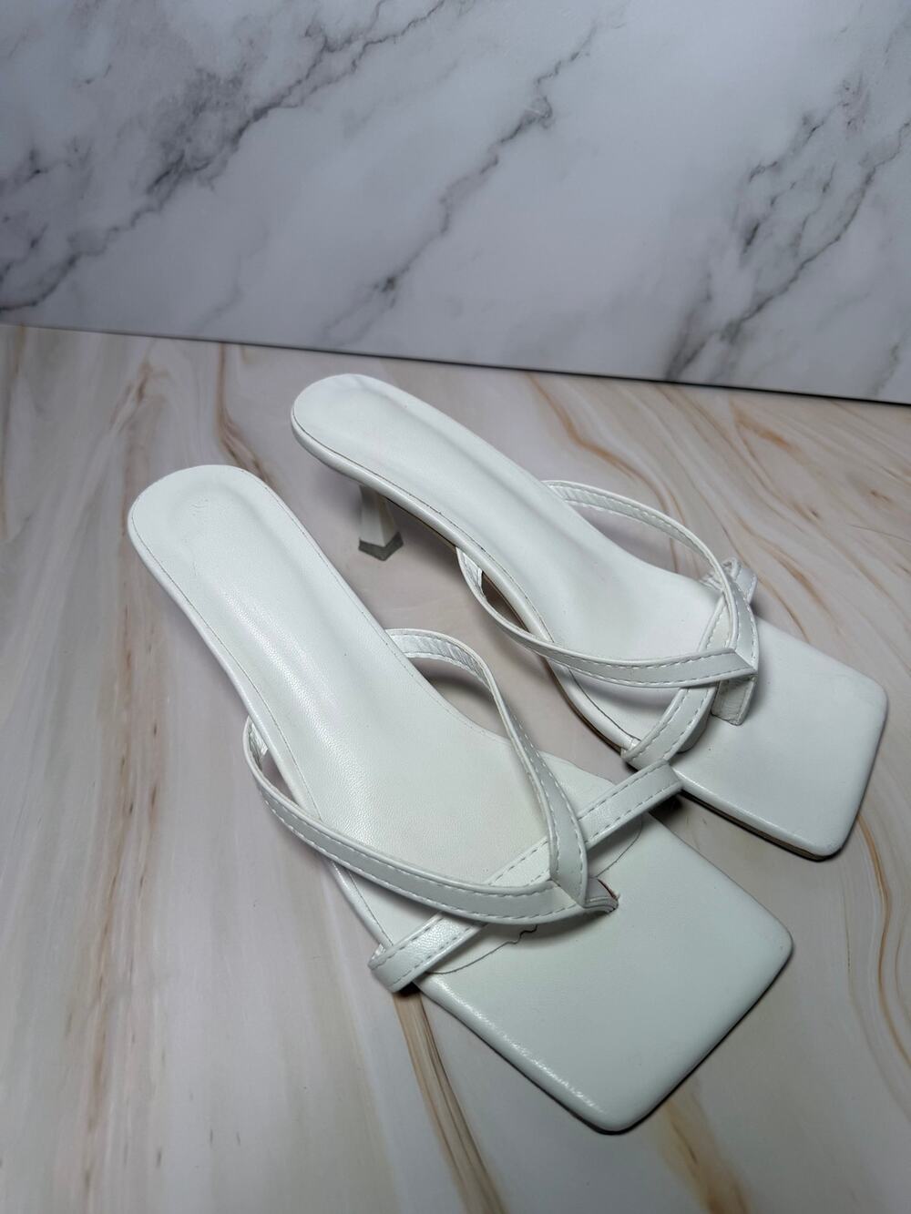 White Square Toe Strappy Kitten Heel Sandals Slip On Minimalist Heels